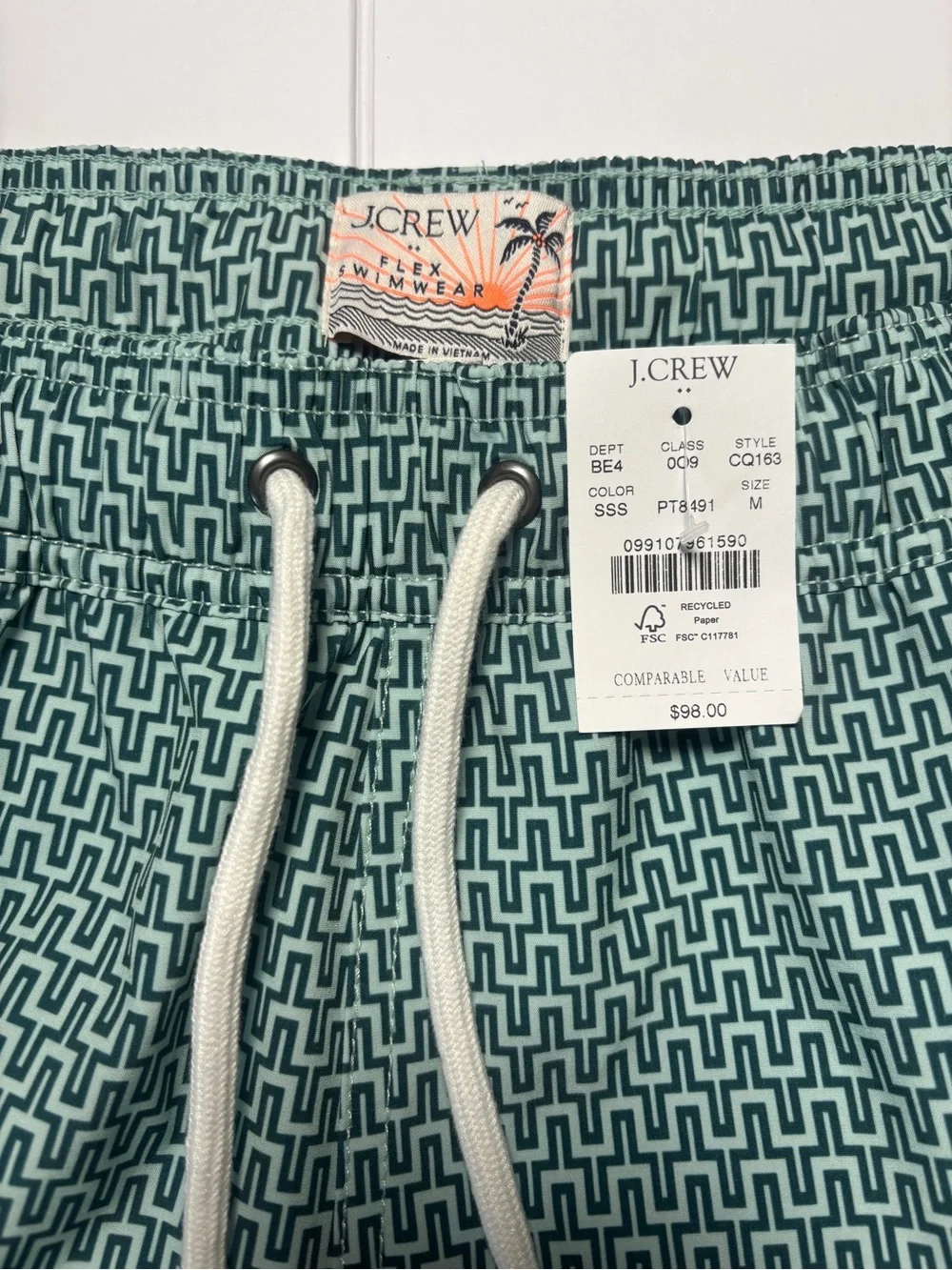 J.Crew Flex Swim Trunks NWT Men’s Medium Green Geometric 5” Inseam